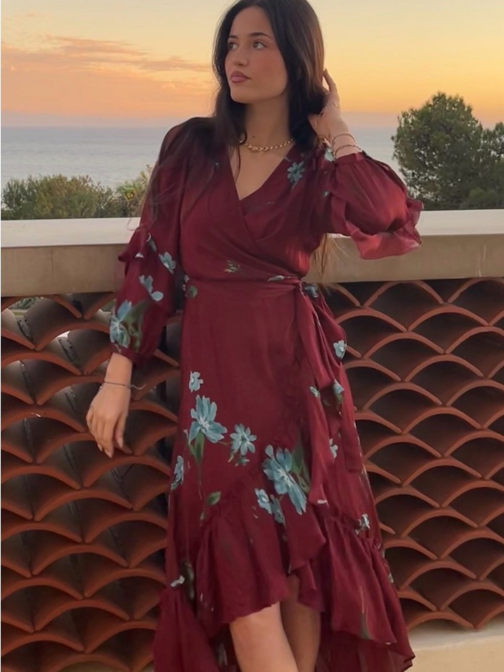 Joie burgundy blue floral SILK Annawrette Floral high-low Wrap Dress XS perfect